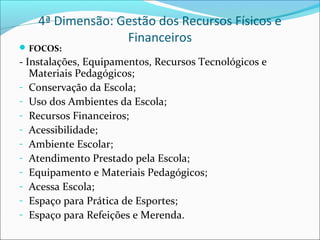 4ª Dimensão: Gestão dos Recursos Físicos e
                  Financeiros
 FOCOS:
- Instalações, Equipamentos, Recursos Tecnológicos e
   Materiais Pedagógicos;
- Conservação da Escola;
- Uso dos Ambientes da Escola;
- Recursos Financeiros;
- Acessibilidade;
- Ambiente Escolar;
- Atendimento Prestado pela Escola;
- Equipamento e Materiais Pedagógicos;
- Acessa Escola;
- Espaço para Prática de Esportes;
- Espaço para Refeições e Merenda.
 