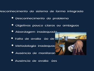 Desconhecimento do sistema de forma integrada
      ● Desconhecimento do problema
      ● Objetivos pouco claros ou ambíguos
      ● Abordagem inadequada
      ● Falta de avaliação de riscos
      ● Metodologia inadequada
      ● Ausência de monitoramento

      ● Ausência de avaliações
 