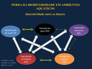 PERDA DA BIODIVERSIDADE EM AMBIENTES
                               AQUÁTICOS
                               Interatividade entre os fatores



                                          Poluição da                 Exploração
                                                                       Exploração
      Modificação                          água 10%                   excessiva
                                                                       excessiva
      da vazão 3%                                                        15%
                                                                          15%




                           Degradação
                            Degradação                   Invasão de
                            do hábitat
                             do hábitat                   espécies
FLATHER et al. (1994),
DUDGEON, D. et al (2006)
                               42%
                                42%                         30%
BRITTON et al. (2011)
 