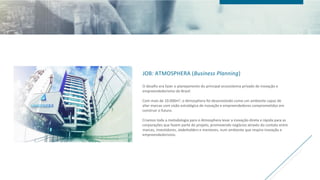 JOB: ATMOSPHERA (Business Planning)
O desafio era fazer o planejamento do principal ecossistema privado de inovação e
empreendedorismo do Brasil.
Com mais de 10.000m2, o Atmosphera foi desenvolvido como um ambiente capaz de
aliar marcas com visão estratégica de inovação e empreendedores comprometidos em
construir o futuro.
Criamos toda a metodologia para o Atmosphera levar a inovação direta e rápida para as
corporações que fazem parte do projeto, promovendo negócios através do contato entre
marcas, investidores, stakeholders e mentores, num ambiente que respira inovação e
empreendedorismo.
 