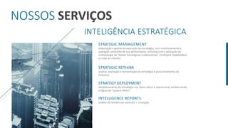 NOSSOS SERVIÇOS
STRATEGIC MANAGEMENT
elaboração e gestão da execução da estratégia, com monitoramento e
avaliação constante de sua performance, inclusive com a aplicação da
metodologia de ”Redes Estratégicas Colaborativas” (múltiplos stakeholders
ou elos do cliente).
STRATEGIC RETHINK
análise, avaliação e reorientação da estratégia e posicionamento da
empresa.
STRATEGY DEPLOYMENT
desdobramento da estratégia nos níveis tático e operacional, evidenciando
a lógica de ”causa e efeito”.
INTELLIGENCE REPORTS
análise de tendências setoriais + inovação.
INTELIGÊNCIA ESTRATÉGICA
 