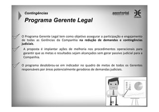 Contingências

Programa Gerente Legal
O Programa Gerente Legal tem como objetivo assegurar a participação e engajamento
de todas as Gerências da Companhia na redução de demandas e contingências
judiciais.
A proposta é implantar ações de melhoria nos procedimentos operacionais para
garantir que as metas e resultados sejam alcançados sem gerar passivo judicial para a
Companhia.
O programa desdobrou-se em indicador no quadro de metas de todos os Gerentes
responsáveis por áreas potencialmente geradoras de demandas judiciais.

40

 