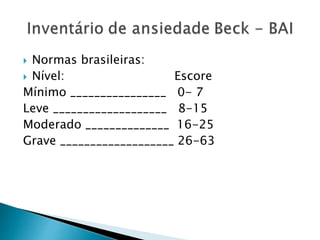  Normas brasileiras:
 Nível: Escore
Mínimo ________________ 0- 7
Leve ___________________ 8-15
Moderado ______________ 16-25
Grave ___________________ 26-63
 