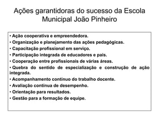 Ações garantidoras do sucesso da Escola
         Municipal João Pinheiro

• Ação cooperativa e empreendedora.
• Organização e planejamento das ações pedagógicas.
• Capacitação profissional em serviço.
• Participação integrada de educadores e pais.
• Cooperação entre profissionais de várias áreas.
• Quebra do sentido de especialização e construção de ação
integrada.
• Acompanhamento contínuo do trabalho docente.
• Avaliação contínua de desempenho.
• Orientação para resultados.
• Gestão para a formação de equipe.
 