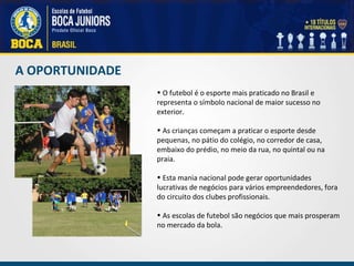 A OPORTUNIDADE O futebol é o esporte mais praticado no Brasil e representa o símbolo nacional de maior sucesso no exterior.  As crianças começam a praticar o esporte desde pequenas, no pátio do colégio, no corredor de casa, embaixo do prédio, no meio da rua, no quintal ou na praia.  Esta mania nacional pode gerar oportunidades lucrativas de negócios para vários empreendedores, fora do circuito dos clubes profissionais. As escolas de futebol são negócios que mais prosperam no mercado da bola.  