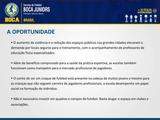 A OPORTUNIDADE O aumento da violência e a redução dos espaços públicos nas grandes cidades elevaram a demanda por locais seguros para o treinamento, com o acompanhamento de professores de educação física especializados.   Além do benefício comprovado para a saúde da prática esportiva, as escolas também funcionam como trampolim para o mercado profissional de jogadores.  O sonho de ser um craque de futebol está presente na cabeça de muitos jovens e mesmo para as crianças que não seguem carreira de jogadores profissionais, a escola desempenha um papel social na formação do indivíduo.  Não é necessário investir em quadras e campos de futebol. Basta alugar o espaço em clubes e associações.   