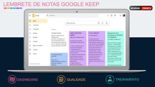 LEMBRETE DE NOTAS GOOGLE KEEP
DASHBOARD TREINAMENTO
QUALIDADE
 