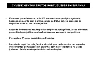 INVESTIMENTOS BRUTOS PORTUGUESES EM ESPANHA




-   Estima-se que existam cerca de 400 empresas de capital português em
    Espanha, de acordo com o último estudo da CCILE sobre a presença de
    empresas lusas no mercado espanhol.

-   Espanha é o mercado natural para as empresas portuguesas. A sua dimensão,
    proximidade geográfica e cultural apresentam vantagens competitivas.

-   Portugal é o 5º maior investidor em Espanha.

-   Importante papel das relações transfronteiriças, onde se situa um terço dos
    investimentos portugueses em Espanha, com maior incidência na Galiza
    (primeira plataforma de apoio à internacionalização).
 