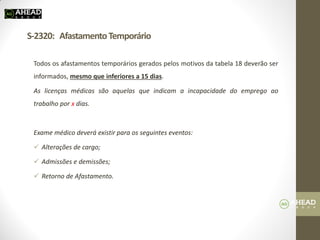 S-2320: Afastamento Temporário 
Todos os afastamentos temporários gerados pelos motivos da tabela 18 deverão ser informados, mesmo que inferiores a 15 dias. 
As licenças médicas são aquelas que indicam a incapacidade do emprego ao trabalho por x dias. 
Exame médico deverá existir para os seguintes eventos: 
Alterações de cargo; 
Admissões e demissões; 
Retorno de Afastamento.  