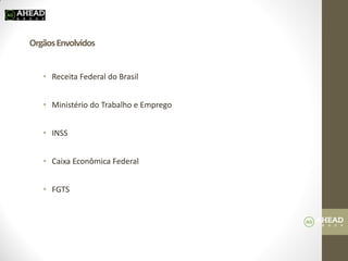 Orgãos Envolvidos 
•Receita Federal do Brasil 
•Ministério do Trabalho e Emprego 
•INSS 
•Caixa Econômica Federal 
•FGTS  