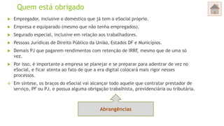 Quem está obrigado
 Empregador, inclusive o doméstico que já tem o eSocial próprio.
 Empresa e equiparado (mesmo que não tenha empregados).
 Segurado especial, inclusive em relação aos trabalhadores.
 Pessoas Jurídicas de Direito Público da União, Estados DF e Municípios.
 Demais PJ que pagarem rendimentos com retenção de IRRF, mesmo que de uma só
vez.
 Por isso, é importante a empresa se planejar e se preparar para adentrar de vez no
eSocial, e ficar atenta ao fato de que a era digital colocará mais rigor nesses
processos.
 Em síntese, os braços do eSocial vai alcançar todo aquele que contratar prestador de
serviço, PF ou PJ, e possua alguma obrigação trabalhista, previdenciária ou tributária.
Abrangências
 
