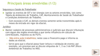 Principais áreas envolvidas (1/2)
Segurança e Saúde do Trabalhador
 lapidar os eventos de SST e ter sinergia com os setores envolvidos, tais como
Tabela de Ambientes de Trabalho, CAT, Monitoramento de Saúde do Trabalhador
e Condições Ambientais de Trabalho.
 Com exceção à CAT, os demais eventos somente serão transmitidas após 6
meses da entrada em vigor do eSocial.
Jurídico
 Manter cadastro de processos administrativos e judiciais que discute tributação
com algum dos órgãos envolvidos e que tenha influência em cálculo de
contribuições, impostos ou do FGTS.
 Não entra ação trabalhista; neste caso o financeiro paga e informa os
dados ao eSocial.
 Serve para que o eSocial possa fazer leitura e validação de evento; por
exemplo, um processo que se discute alíquotas de 1, 2 ou 3 do RAT (Risco
Ambiental do Trabalho) no INSS.
 