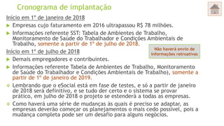 Cronograma de implantação
Início em 1º de janeiro de 2018
 Empresas cujo faturamento em 2016 ultrapassou R$ 78 milhões.
 Informações referente SST: Tabela de Ambientes de Trabalho,
Monitoramento de Saúde do Trabalhador e Condições Ambientais de
Trabalho, somente a partir de 1º de julho de 2018.
Início em 1º de julho de 2018
 Demais empregadores e contribuintes.
 Informações referente Tabela de Ambientes de Trabalho, Monitoramento
de Saúde do Trabalhador e Condições Ambientais de Trabalho), somente a
partir de 1º de janeiro de 2019.
 Lembrando que o eSocial está em fase de testes, e só a partir de janeiro
de 2018 será definitivo, e se tudo der certo e o sistema se provar
prático, em julho de 2018 o projeto se estenderá a todas as empresas.
 Como haverá uma série de mudanças às quais é preciso se adaptar, as
empresas deverão começar os planejamentos o mais cedo possível, pois a
mudança completa pode ser um desafio para alguns negócios.
Não haverá envio de
informações retroativas
 