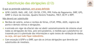 Substituição das obrigações (2/2)
O que se pretende substituir, sem prazo definido
 GFIP, CAGED, RAIS, LRE, CAT, CD/SD, CTPS, PPP, Folha de Pagamento, DIRF, GPS,
GRRF e chave da rescisão, Quadro Horário Trabalho, TRCT, DCTF e IRPF.
Não deverá ser substituído
 Recibos de salário, avisos e recibos de férias, LTCAT, PPRA, ASOS, registro de
ponto e demais rotinas e obrigações.
 A entrada em vigor do eSocial não vai abolir automaticamente do sistema atual
todas as obrigações da lista, pois será gradativo, à medida que a plataforma vai
trazendo pra si a plenitude das informações e após testes de validação de dados,
ou seja, até que tudo fique redondinho.
 Com exceção à GFIP e a DIRF, que são as únicas obrigações que deverão ser
substituídos de imediato.
 