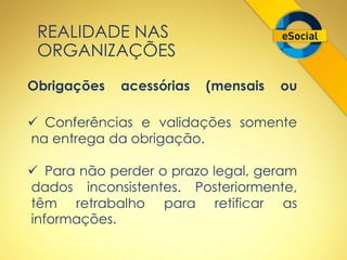 REALIDADE NAS 
ORGANIZAÇÕES 
Obrigações acessórias (mensais ou 
 Conferências e validações somente 
na entrega da obrigação. 
 Para não perder o prazo legal, geram 
dados inconsistentes. Posteriormente, 
têm retrabalho para retificar as 
informações. 
 