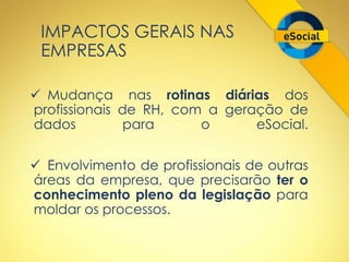 IMPACTOS GERAIS NAS 
EMPRESAS 
 Mudança nas rotinas diárias dos 
profissionais de RH, com a geração de 
dados para o eSocial. 
 Envolvimento de profissionais de outras 
áreas da empresa, que precisarão ter o 
conhecimento pleno da legislação para 
moldar os processos. 
 
