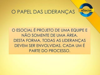 O PAPEL DAS LIDERANÇAS 
O ESOCIAL É PROJETO DE UMA EQUIPE E 
NÃO SOMENTE DE UMA ÁREA. 
DESTA FORMA, TODAS AS LIDERANÇAS 
DEVEM SER ENVOLVIDAS, CADA UM É 
PARTE DO PROCESSO. 
 