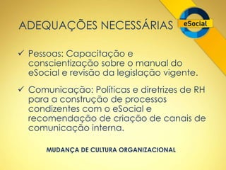 ADEQUAÇÕES NECESSÁRIAS 
 Pessoas: Capacitação e 
conscientização sobre o manual do 
eSocial e revisão da legislação vigente. 
 Comunicação: Políticas e diretrizes de RH 
para a construção de processos 
condizentes com o eSocial e 
recomendação de criação de canais de 
comunicação interna. 
MUDANÇA DE CULTURA ORGANIZACIONAL 
 