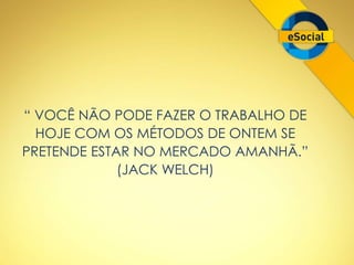 “ VOCÊ NÃO PODE FAZER O TRABALHO DE 
HOJE COM OS MÉTODOS DE ONTEM SE 
PRETENDE ESTAR NO MERCADO AMANHÃ.” 
(JACK WELCH) 
 