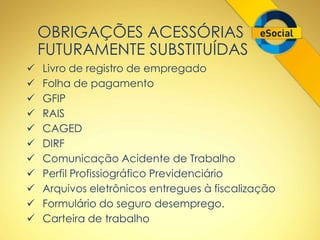 OBRIGAÇÕES ACESSÓRIAS 
FUTURAMENTE SUBSTITUÍDAS 
 Livro de registro de empregado 
 Folha de pagamento 
 GFIP 
 RAIS 
 CAGED 
 DIRF 
 Comunicação Acidente de Trabalho 
 Perfil Profissiográfico Previdenciário 
 Arquivos eletrônicos entregues à fiscalização 
 Formulário do seguro desemprego. 
 Carteira de trabalho 
 