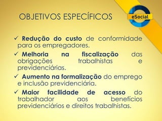 OBJETIVOS ESPECÍFICOS 
 Redução do custo de conformidade 
para os empregadores. 
 Melhoria na fiscalização das 
obrigações trabalhistas e 
previdenciárias. 
 Aumento na formalização do emprego 
e inclusão previdenciária. 
 Maior facilidade de acesso do 
trabalhador aos benefícios 
previdenciários e direitos trabalhistas. 
 