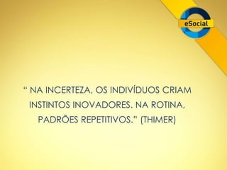 “ NA INCERTEZA, OS INDIVÍDUOS CRIAM 
INSTINTOS INOVADORES. NA ROTINA, 
PADRÕES REPETITIVOS.” (THIMER) 
 