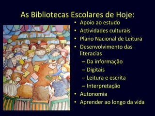 As Bibliotecas Escolares de Hoje: Apoio ao estudo Actividades culturais Plano Nacional de Leitura Desenvolvimento das literacias Da informação Digitais Leitura e escrita Interpretação Autonomia Aprender ao longo da vida 