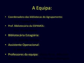 A Equipa: Coordenadora das bibliotecas do Agrupamento: Prof.ª  Isabel Rosa Prof. Bibliotecário da ESPAMOL: Prof.  Paulo Sousa Bibliotecária Estagiária:  Lic.  Cláudia Carriço Assistente Operacional:  D. Manuela Professores da equipa:  Mário Ferro, Maria do Sameiro, Paulo Loureiro e Fernanda Rodrigues 