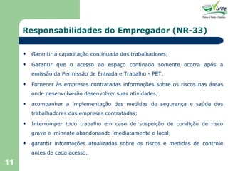 Responsabilidades do Empregador (NR-33) Garantir a capacitação continuada dos trabalhadores; Garantir que o acesso ao espaço confinado somente ocorra após a emissão da Permissão de Entrada e Trabalho - PET; Fornecer às empresas contratadas informações sobre os riscos nas áreas onde desenvolverão desenvolver suas atividades; acompanhar a implementação das medidas de segurança e saúde dos trabalhadores das empresas contratadas; Interromper todo trabalho em caso de suspeição de condição de risco grave e iminente abandonando imediatamente o local; garantir informações atualizadas sobre os riscos e medidas de controle antes de cada acesso. 
