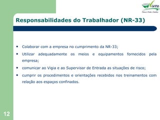 Responsabilidades do Trabalhador (NR-33) Colaborar com a empresa no cumprimento da NR-33; Utilizar adequadamente os meios e equipamentos fornecidos pela empresa; comunicar ao Vigia e ao Supervisor de Entrada as situações de risco; cumprir os procedimentos e orientações recebidos nos treinamentos com relação aos espaços confinados. 