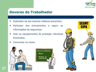 Deveres do Trabalhador Submeter-se aos exames médicos prescritos; Participar dos treinamentos e seguir as informações de segurança; Usar os equipamentos de proteção individual fornecidos; Comunicar os riscos. 