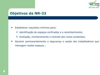 Objetivos da NR-33 Estabelecer requisitos mínimos para: identificação de espaços confinados e o reconhecimento; Avaliação, monitoramento e controle dos riscos existentes; Garantir permanentemente a segurança e saúde dos trabalhadores que interagem nestes espaços ; 