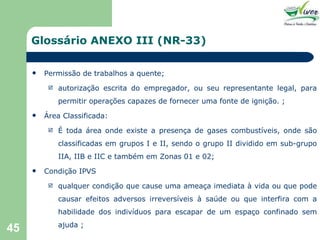 Glossário ANEXO III (NR-33) Permissão de trabalhos a quente; autorização escrita do empregador, ou seu representante legal, para permitir operações capazes de fornecer uma fonte de ignição. ; Área Classificada: É toda área onde existe a presença de gases combustíveis, onde são classificadas em grupos I e II, sendo o grupo II dividido em sub-grupo IIA, IIB e IIC e também em Zonas 01 e 02; Condição IPVS qualquer condição que cause uma ameaça imediata à vida ou que pode causar efeitos adversos irreversíveis à saúde ou que interfira com a habilidade dos indivíduos para escapar de um espaço confinado sem ajuda ; 
