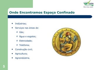 Onde Encontramos Espaço Confinado Indústrias; Serviços nas áreas de: Gás; Água e esgotos; Eletricidade; Telefonia; Construção civil; Agricultura; Agroindústria. 