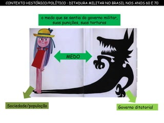 Sociedade/população Governo ditatorial MEDO o medo que se sentia do governo militar, suas punições, suas torturas CONTEXTO HISTÓRICO/POLÍTICO : DITADURA MILITAR NO BRASIL NOS ANOS 60 E 70 