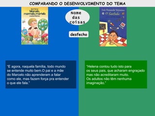 “ E agora, naquela família, todo mundo  se entende muito bem.O pai e a mãe  do Marcelo não aprenderam a falar  como ele, mas fazem força pra entender  o que ele fala.”  “ Helena contou tudo isto para  os seus pais, que acharam engraçado mas não acreditaram muito. Os adultos não têm nenhuma  imaginação.” COMPARANDO O DESENVOLVIMENTO DO TEMA Nome  das  coisas desfecho 