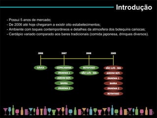 Introdução - Possui 5 anos de mercado; - De 2006 até hoje chegaram a existir oito estabelecimentos; - Ambiente com toques contemporâneos e detalhes da atmosfera dos botequins cariocas; - Cardápio variado comparado aos bares tradicionais (comida japonesa, drinques diversos). 
