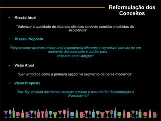 Reformulação dos Conceitos Missão Atual “ Valorizar a qualidade de vida dos clientes servindo comidas e bebidas de excelência“ Missão Proposta “ Proporcionar ao consumidor uma experiência diferente e agradável através de um ambiente descontraído e cordial para  encontro entre amigos” Visão Atual “ Ser lembrada como a primeira opção no segmento de bares modernos” Visão Proposta “ Ser Top of Mind dos bares cariocas quando o assunto for descontração e divertimento” 