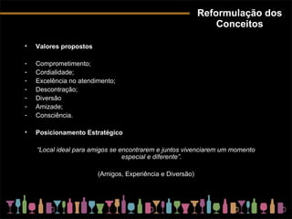 Reformulação dos Conceitos Valores propostos Comprometimento; Cordialidade; Excelência no atendimento; Descontração; Diversão Amizade; Consciência. Posicionamento Estratégico “ Local ideal para amigos se encontrarem e juntos vivenciarem um momento especial e diferente”. (Amigos, Experiência e Diversão) 