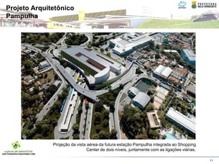 Projeto Arquitetônico
Pampulha




              Projeção da vista aérea da futura estação Pampulha integrada ao Shopping
                                Center de dois níveis, juntamente com as ligações viárias.

                                                                                             11
 