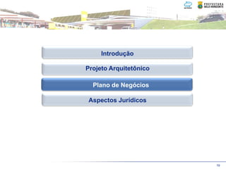 Introdução

Projeto Arquitetônico

 Plano de Negócios
  Plano de Negócios

Aspectos Jurídicos




                        19
 