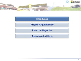 Introdução

Projeto Arquitetônico

 Plano de Negócios

Aspectos Jurídicos




                        2
 
