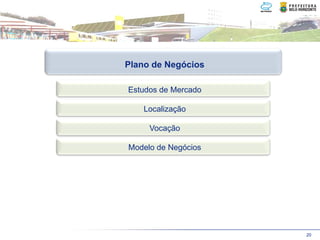 Plano de Negócios

Estudos de Mercado

    Localização

     Vocação

Modelo de Negócios




                     20
 