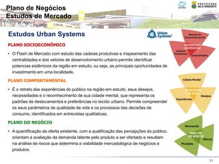 Plano de Negócios
Estudos de Mercado

Estudos Urban Systems
PLANO SOCIOECONÔMICO

• O Flash de Mercado com estudo das cadeias produtivas e mapeamento das
  centralidades e dos vetores de desenvolvimento urbano permite identificar
  potencias sistêmicos da região em estudo, ou seja, as principais oportunidades de
  investimento em uma localidade.

PLANO COMPORTAMENTAL

• É o retrato das experiências do público na região em estudo, seus desejos,
  necessidades e o reconhecimento de sua cidade mental, que representa os
  padrões de deslocamentos e preferências no tecido urbano. Permite compreender
  os seus parâmetros de qualidade de vida e os processos das decisões de
  consumo, identificados em entrevistas qualitativas.

PLANO DO NEGÓCIO

• A quantificação da oferta existente, com a qualificação das percepções do público,
  orientam a avaliação da demanda latente pelo produto a ser ofertado e resultam
  na análise de riscos que determina a viabilidade mercadológica de negócios e
  produtos.

                                                                                       21
 