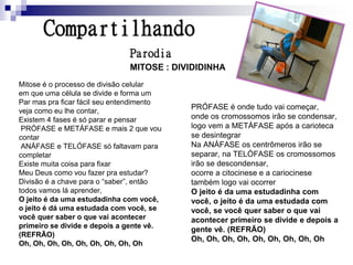 Compartilhando
                               Parodia
                               MITOSE : DIVIDIDINHA
Mitose é o processo de divisão celular
em que uma célula se divide e forma um
Par mas pra ficar fácil seu entendimento
veja como eu lhe contar,
                                           PRÓFASE é onde tudo vai começar,
Existem 4 fases é só parar e pensar        onde os cromossomos irão se condensar,
 PRÓFASE e METÁFASE e mais 2 que vou       logo vem a METÁFASE após a carioteca
contar                                     se desintegrar
 ANÁFASE e TELÓFASE só faltavam para       Na ANÁFASE os centrômeros irão se
completar                                  separar, na TELÓFASE os cromossomos
Existe muita coisa para fixar              irão se descondensar,
Meu Deus como vou fazer pra estudar?       ocorre a citocinese e a cariocinese
Divisão é a chave para o “saber”, então    também logo vai ocorrer
todos vamos lá aprender,                   O jeito é da uma estudadinha com
O jeito é da uma estudadinha com você,     você, o jeito é da uma estudada com
o jeito é dá uma estudada com você, se     você, se você quer saber o que vai
você quer saber o que vai acontecer        acontecer primeiro se divide e depois a
primeiro se divide e depois a gente vê.
                                           gente vê. (REFRÃO)
(REFRÃO)
                                           Oh, Oh, Oh, Oh, Oh, Oh, Oh, Oh, Oh
Oh, Oh, Oh, Oh, Oh, Oh, Oh, Oh, Oh
 