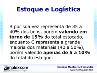 Estoque e Logística

B por sua vez representa de 35 a
40% dos bens, porém valendo em
torno de 15% do total estocado,
enquanto C representa a grande
maioria dos materiais (40 a 50%),
porém valendo apenas de 5 a 10%
do total do estoque.
                   Henrique Montserrat Fernandez
                             www.henriquemf.com
 