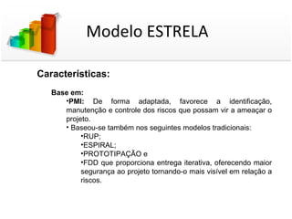 Modelo ESTRELA

Características:
   Base em:
      •PMI: De forma adaptada, favorece a identificação,
      manutenção e controle dos riscos que possam vir a ameaçar o
      projeto.
      • Baseou-se também nos seguintes modelos tradicionais:
           •RUP;
           •ESPIRAL;
           •PROTOTIPAÇÃO e
           •FDD que proporciona entrega iterativa, oferecendo maior
           segurança ao projeto tornando-o mais visível em relação a
           riscos.
 