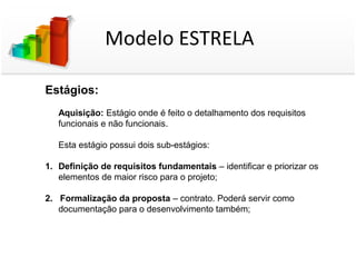 Modelo ESTRELA

Estágios:
   Aquisição: Estágio onde é feito o detalhamento dos requisitos
   funcionais e não funcionais.

   Esta estágio possui dois sub-estágios:

1. Definição de requisitos fundamentais – identificar e priorizar os
   elementos de maior risco para o projeto;

2. Formalização da proposta – contrato. Poderá servir como
   documentação para o desenvolvimento também;
 