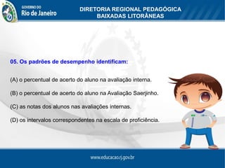 DIRETORIA REGIONAL PEDAGÓGICA
                                BAIXADAS LITORÂNEAS




05. Os padrões de desempenho identificam:


(A) o percentual de acerto do aluno na avaliação interna.

(B) o percentual de acerto do aluno na Avaliação Saerjinho.

(C) as notas dos alunos nas avaliações internas.

(D) os intervalos correspondentes na escala de proficiência.
 