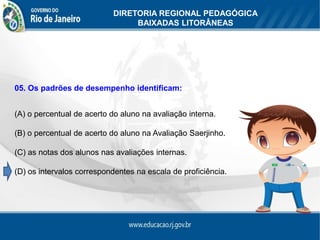 DIRETORIA REGIONAL PEDAGÓGICA
                                BAIXADAS LITORÂNEAS




05. Os padrões de desempenho identificam:


(A) o percentual de acerto do aluno na avaliação interna.

(B) o percentual de acerto do aluno na Avaliação Saerjinho.

(C) as notas dos alunos nas avaliações internas.

(D) os intervalos correspondentes na escala de proficiência.
 